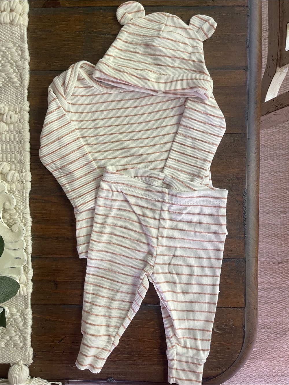 Carter's Brown and cream Striped 3-Piece Baby Outfit with Bear-Ear Hat